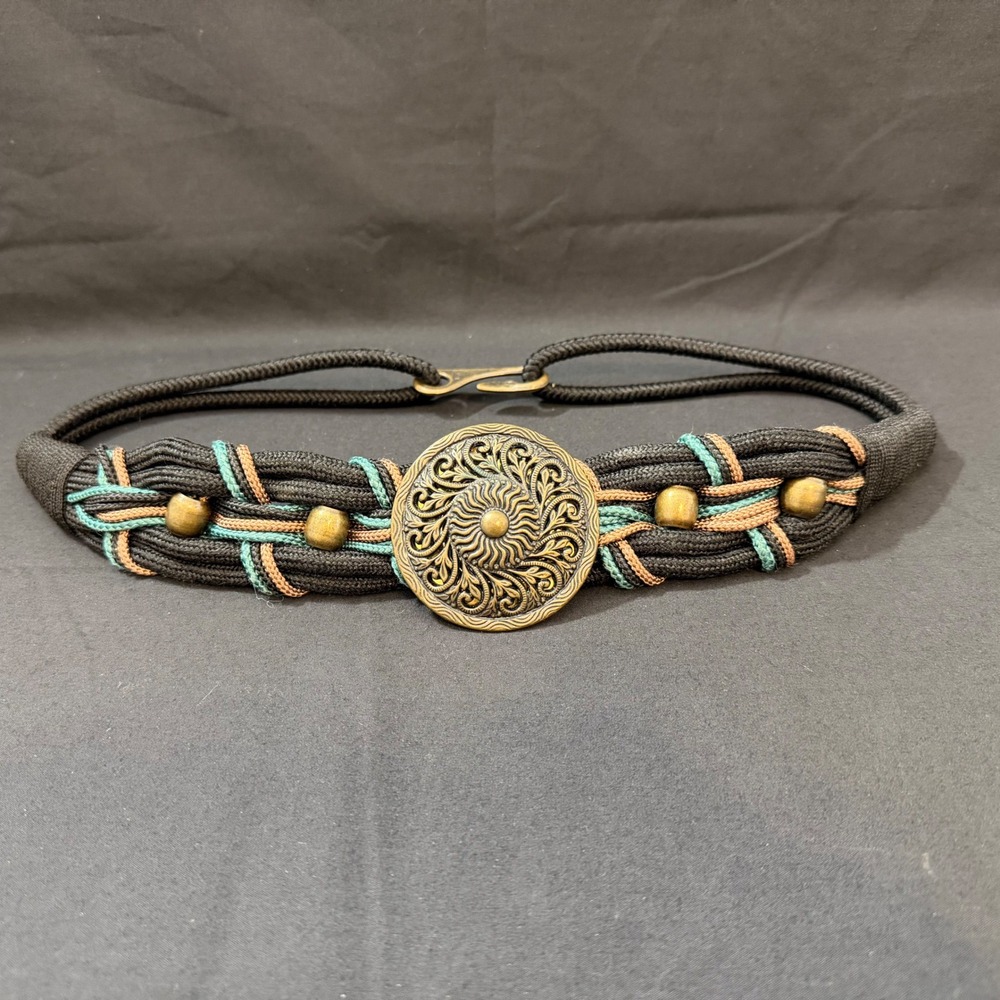 Vtg Leather Shop Woven Cord Belt Medallion Black Teal Bronze Boho-Chic Western‎